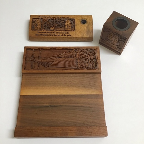 Walnut Desk SET Sailing Laser Engraved Note Pad Paper Clip Pen Holder Vintage - Picture 16 of 16